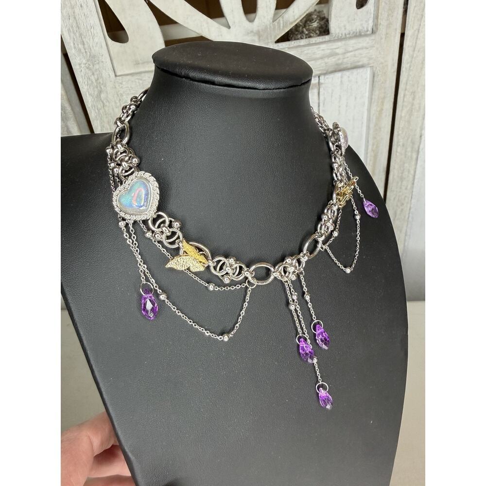 Whimsy Goth Silver Beaded Heart Butterfly Chain Choker Necklace Fairycore